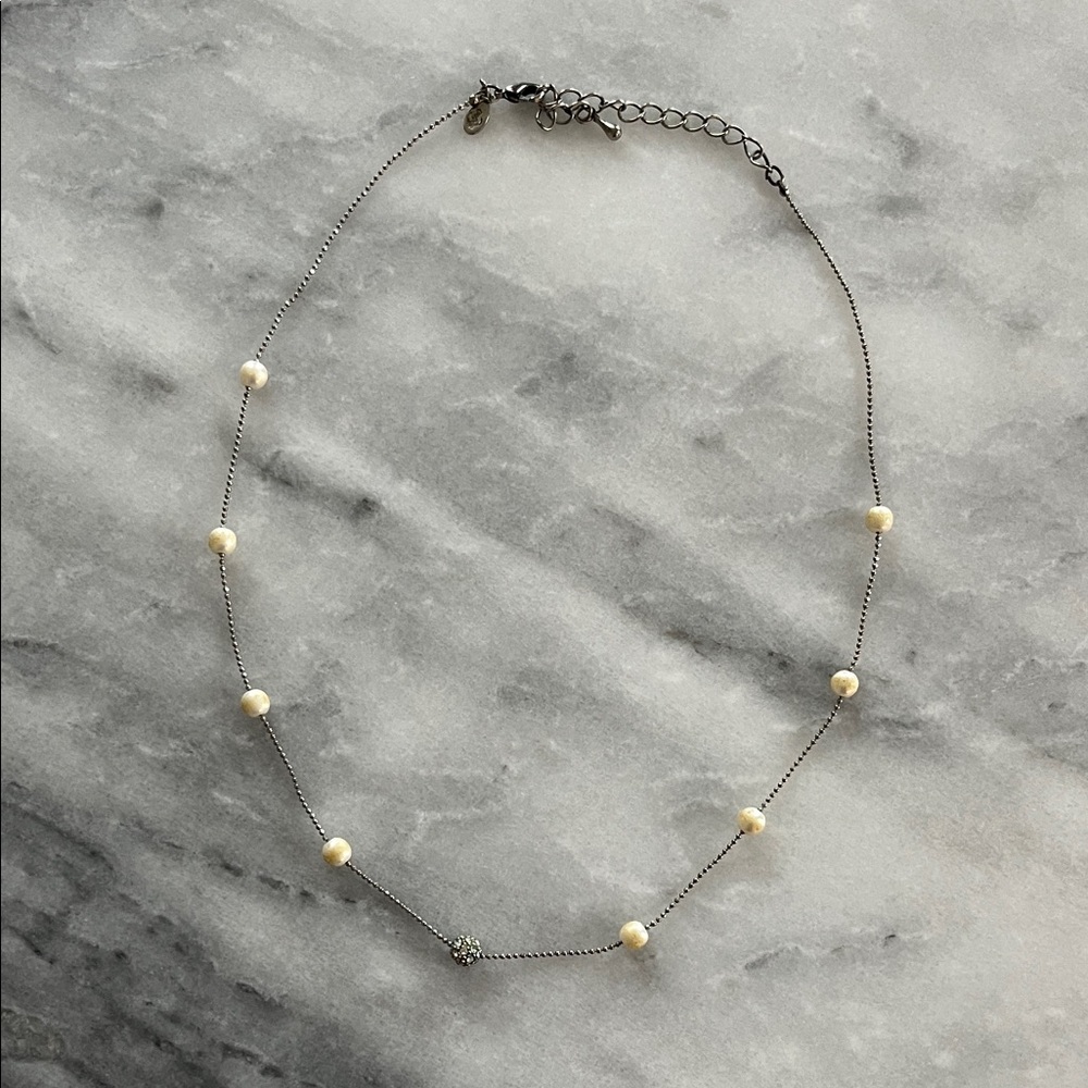 PREMIER DESIGNS Delicate Silver Tone Chain Necklace Faux Pearls Crystal Bead
